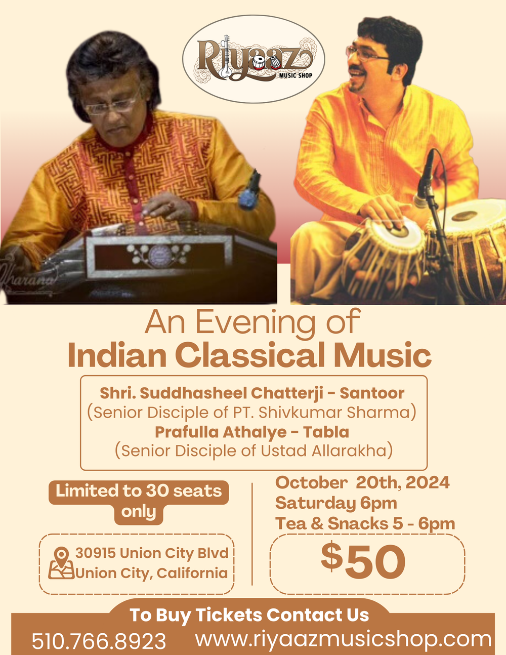 An Evening of Indian Classical Music - Oct 20,2024 - To select multiple seats, please add one seat to your cart, then select another seat and add it to your cart before checking out.