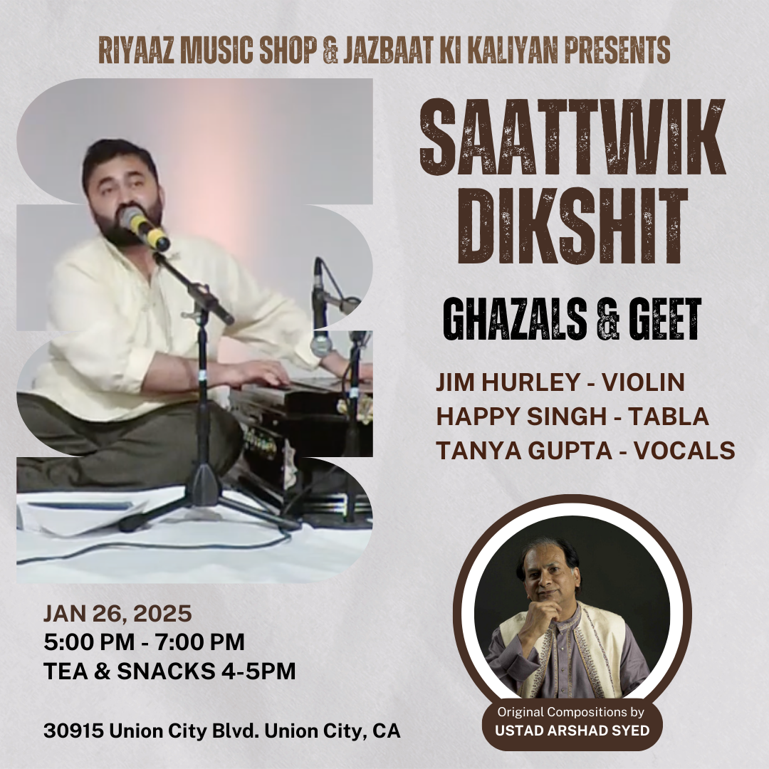 
                  
                    Ghazals & Geet By Saattwick Dixit  - To select multiple seats, please add one seat to your cart, then select another seat and add it to your cart before checking out.
                  
                